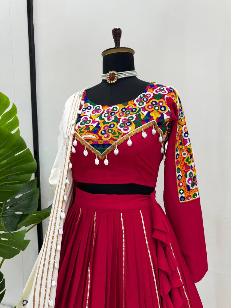 Red Premium Reyon Silk Semi-Stitched Lehenga Set with Real Mirror & Kodi Lace Work ClothsVilla