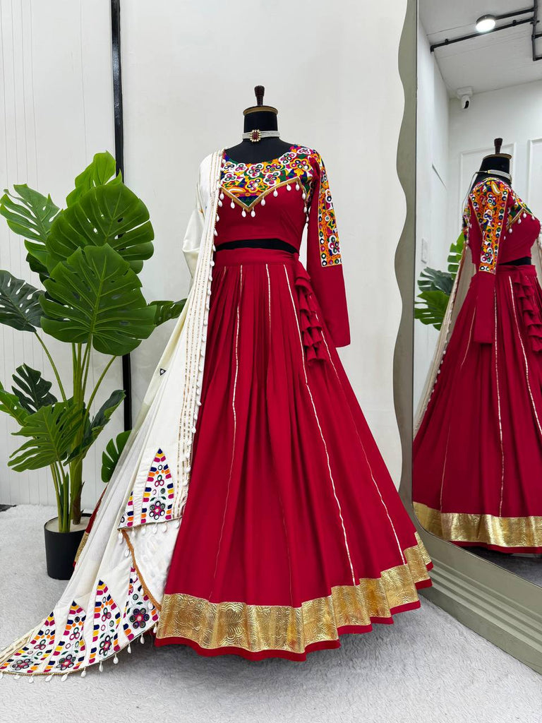 Red Premium Reyon Silk Semi-Stitched Lehenga Set with Real Mirror & Kodi Lace Work ClothsVilla