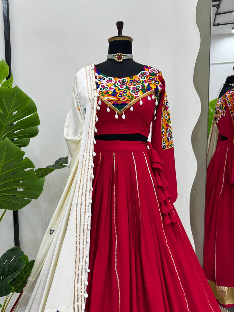 Red Premium Reyon Silk Semi-Stitched Lehenga Set with Real Mirror & Kodi Lace Work ClothsVilla