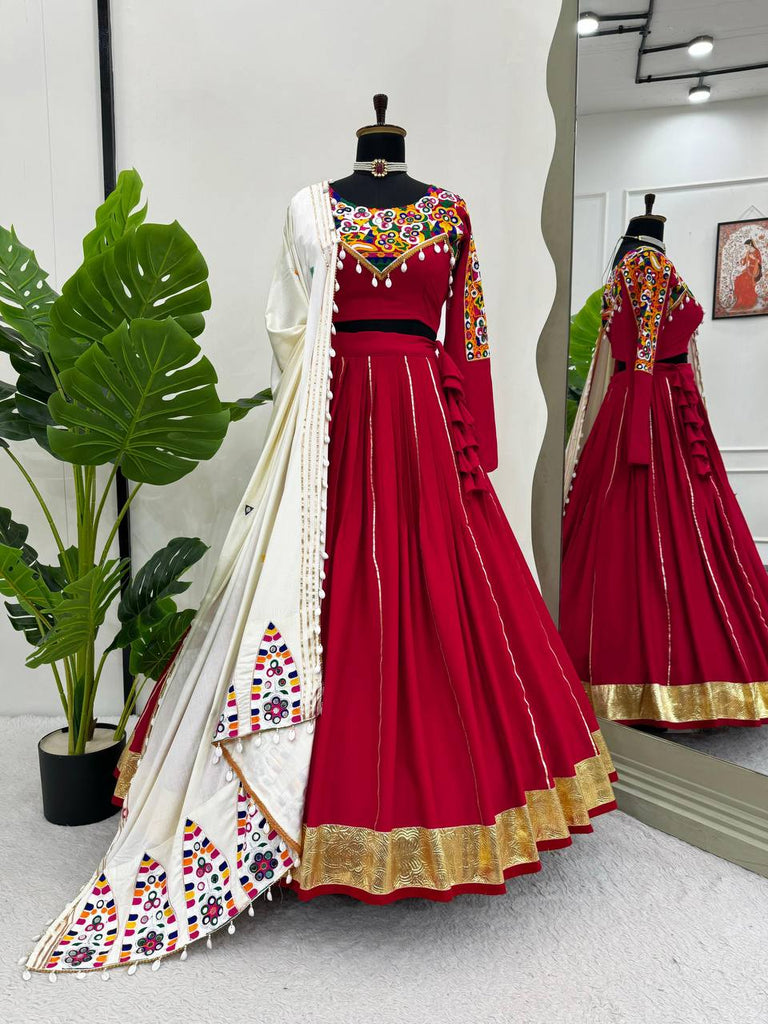 Red Premium Reyon Silk Semi-Stitched Lehenga Set with Real Mirror & Kodi Lace Work ClothsVilla