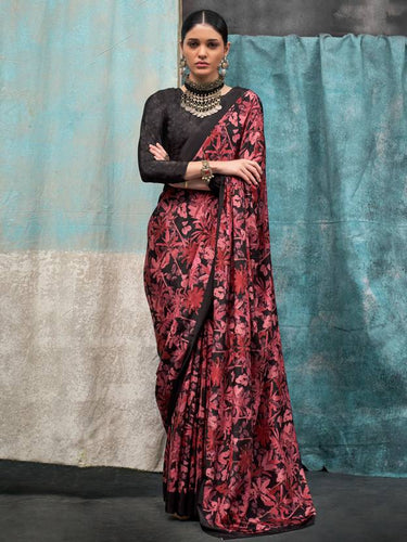 Red Printed Chanderi Crepe Saree with Unstitched Blouse ClothsVilla