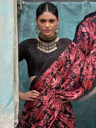 Red Printed Chanderi Crepe Saree with Unstitched Blouse ClothsVilla