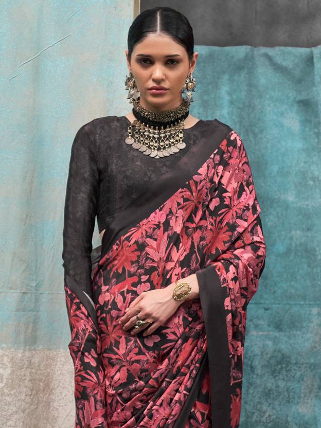 Red Printed Chanderi Crepe Saree with Unstitched Blouse ClothsVilla