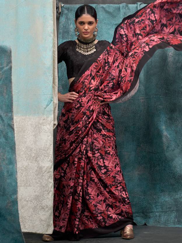 Red Printed Chanderi Crepe Saree with Unstitched Blouse Secondary image
