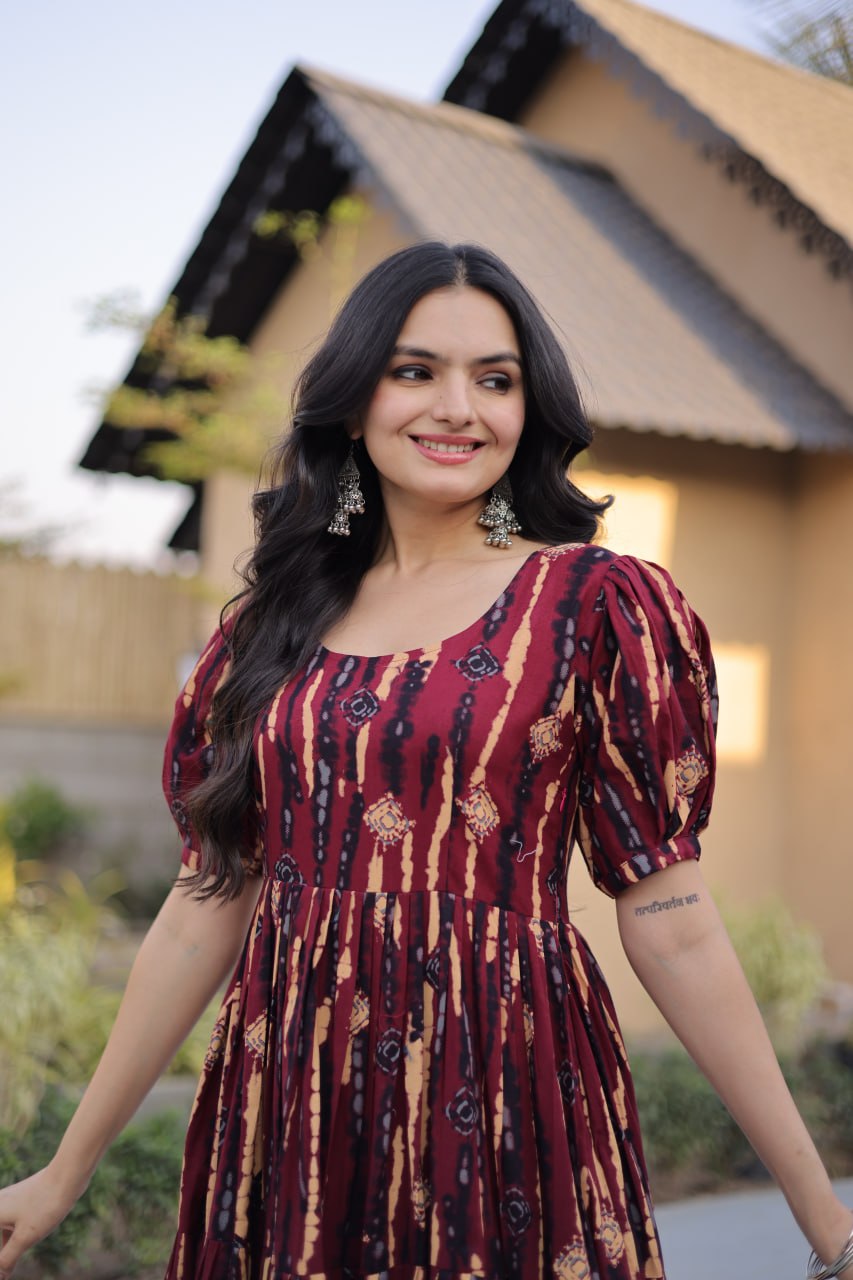 Red Printed Cotton Anarkali Kurti ClothsVilla
