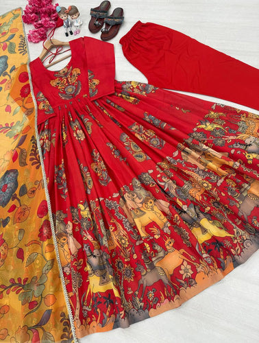 Red Pure Banarasi Silk Digital Print Anarkali Gown with Dupatta Set ClothsVilla