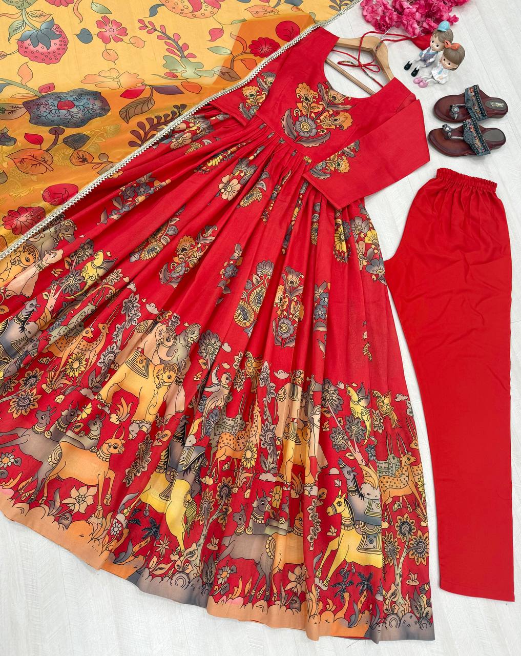 Red Pure Banarasi Silk Digital Print Anarkali Gown with Dupatta Set ClothsVilla