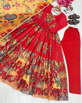 Red Pure Banarasi Silk Digital Print Anarkali Gown with Dupatta Set ClothsVilla