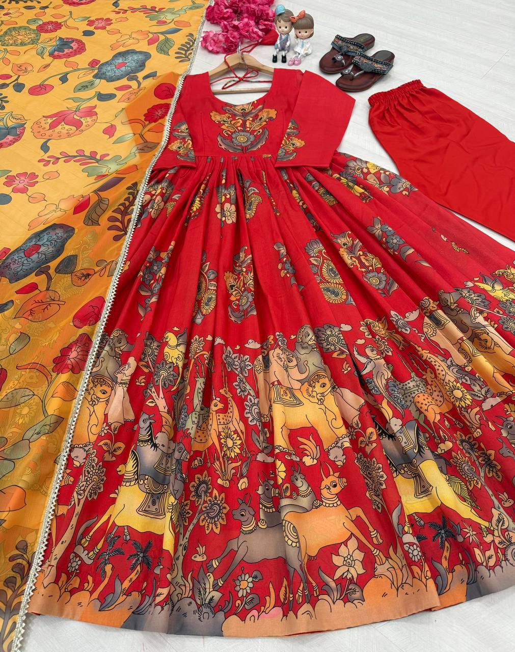 Red Pure Banarasi Silk Digital Print Anarkali Gown with Dupatta Set ClothsVilla