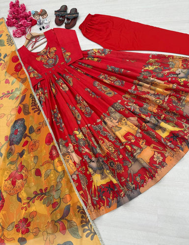 Red Pure Banarasi Silk Digital Print Anarkali Gown with Dupatta Set ClothsVilla