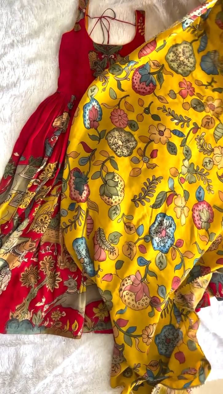 Red Pure Banarasi Silk Digital Print Anarkali Gown with Dupatta Set ClothsVilla