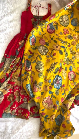 Red Pure Banarasi Silk Digital Print Anarkali Gown with Dupatta Set ClothsVilla