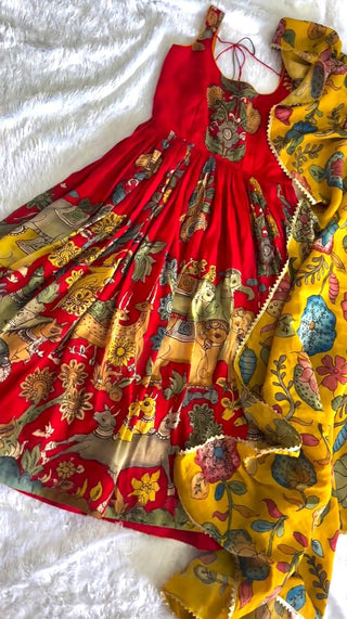 Red Pure Banarasi Silk Digital Print Anarkali Gown with Dupatta Set ClothsVilla