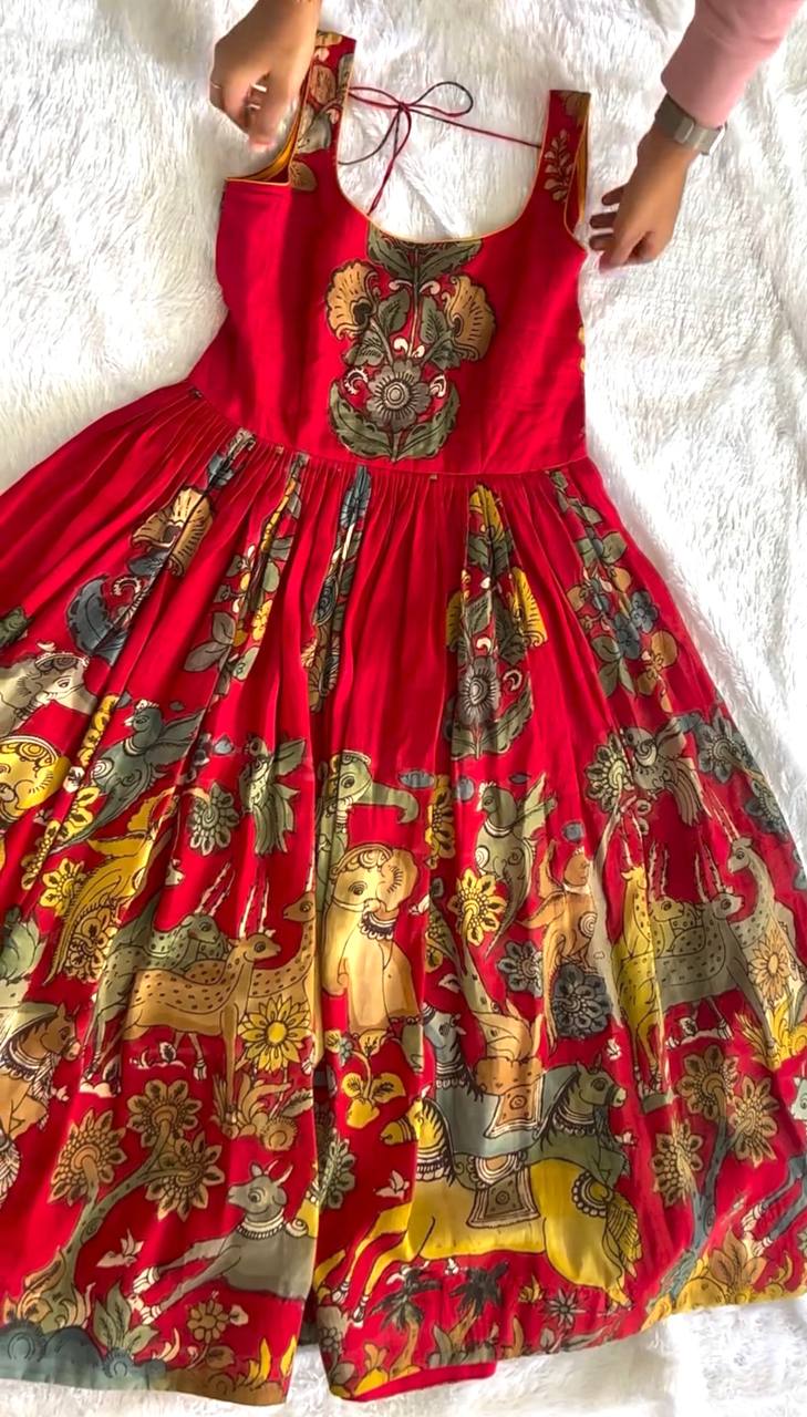 Red Pure Banarasi Silk Digital Print Anarkali Gown with Dupatta Set ClothsVilla