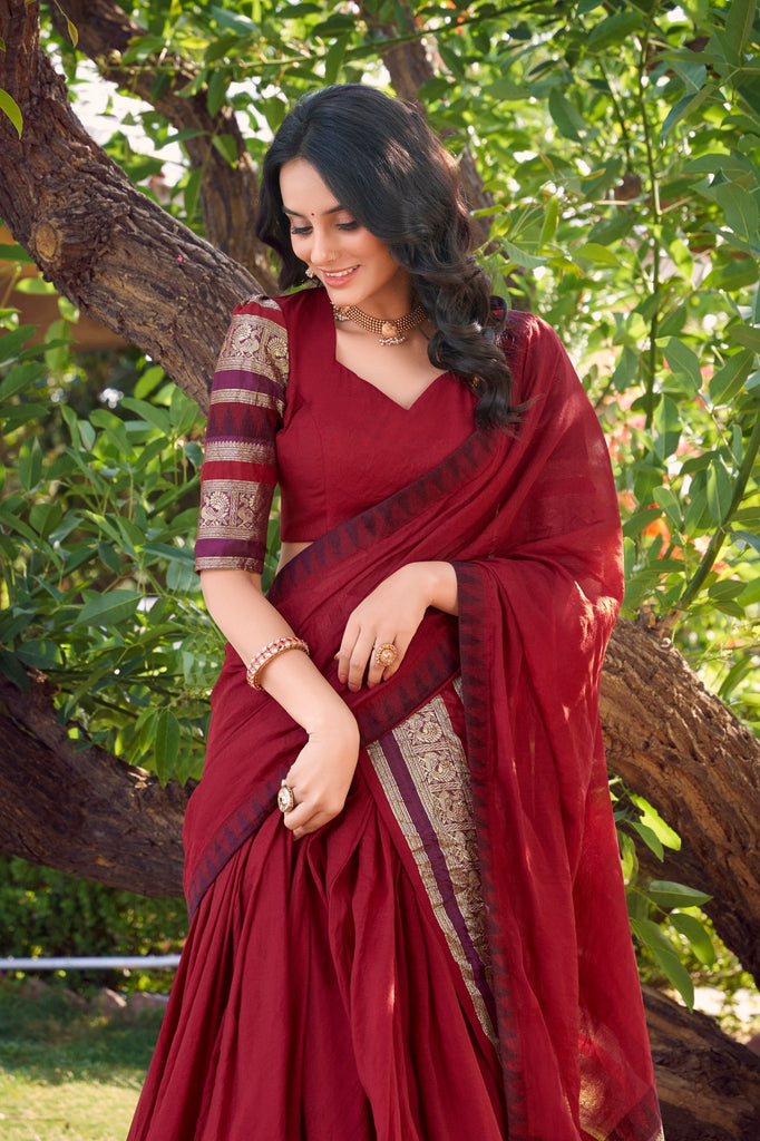 Red Pure Chanderi Elegance Stitched Lehenga Set with Zari Weaving – 3-Piece Ensemble ClothsVilla