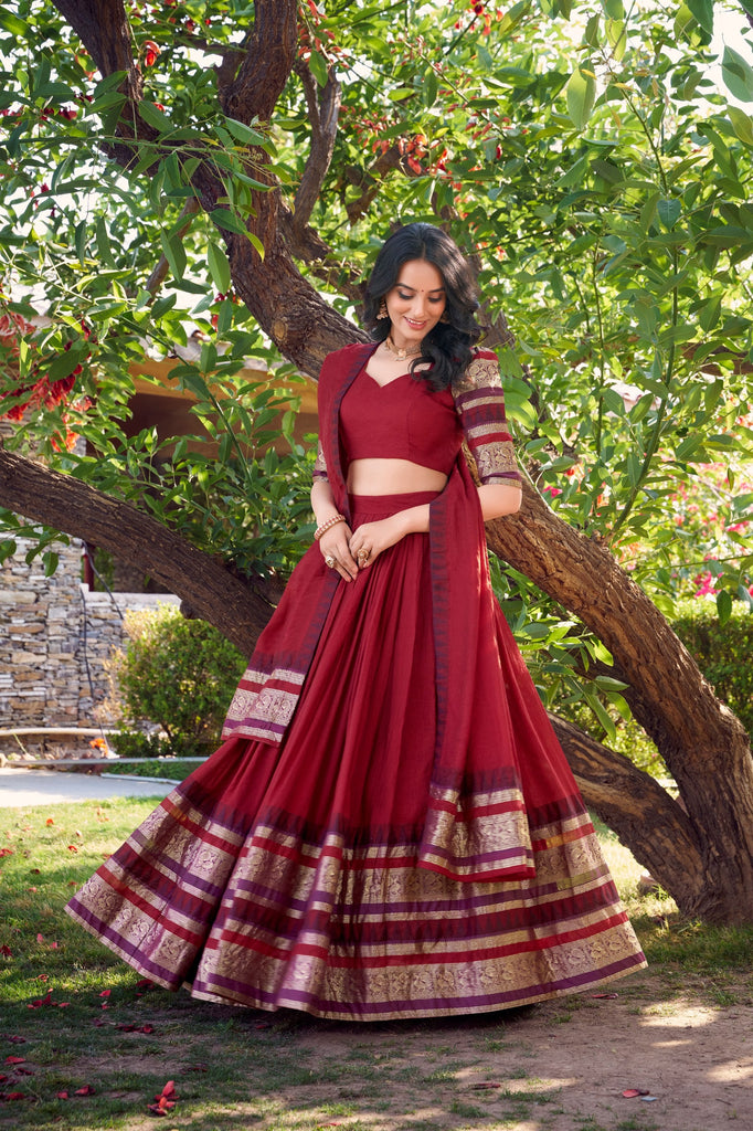 Red Pure Chanderi Elegance Stitched Lehenga Set with Zari Weaving – 3-Piece Ensemble ClothsVilla