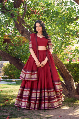 Red Pure Chanderi Elegance Stitched Lehenga Set with Zari Weaving – 3-Piece Ensemble ClothsVilla