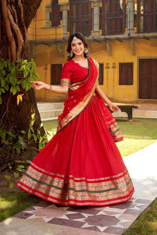 Red Pure Chanderi Zari Weaving Lehenga Choli Set with Gotta Patti Detailing & Matching Dupatta – 4-Meter Flair Fully Stitched Ethnic Wear ClothsVilla
