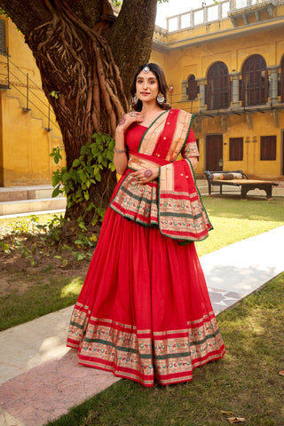 Red Pure Chanderi Zari Weaving Lehenga Choli Set with Gotta Patti Detailing & Matching Dupatta – 4-Meter Flair Fully Stitched Ethnic Wear ClothsVilla