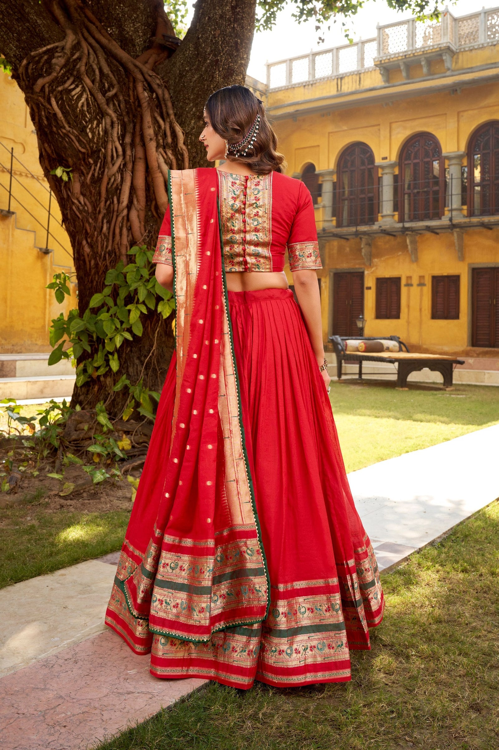 Red Pure Chanderi Zari Weaving Lehenga Choli Set with Gotta Patti Detailing & Matching Dupatta – 4-Meter Flair Fully Stitched Ethnic Wear ClothsVilla