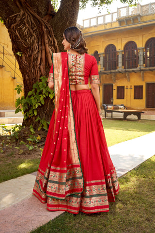 Red Pure Chanderi Zari Weaving Lehenga Choli Set with Gotta Patti Detailing & Matching Dupatta – 4-Meter Flair Fully Stitched Ethnic Wear ClothsVilla