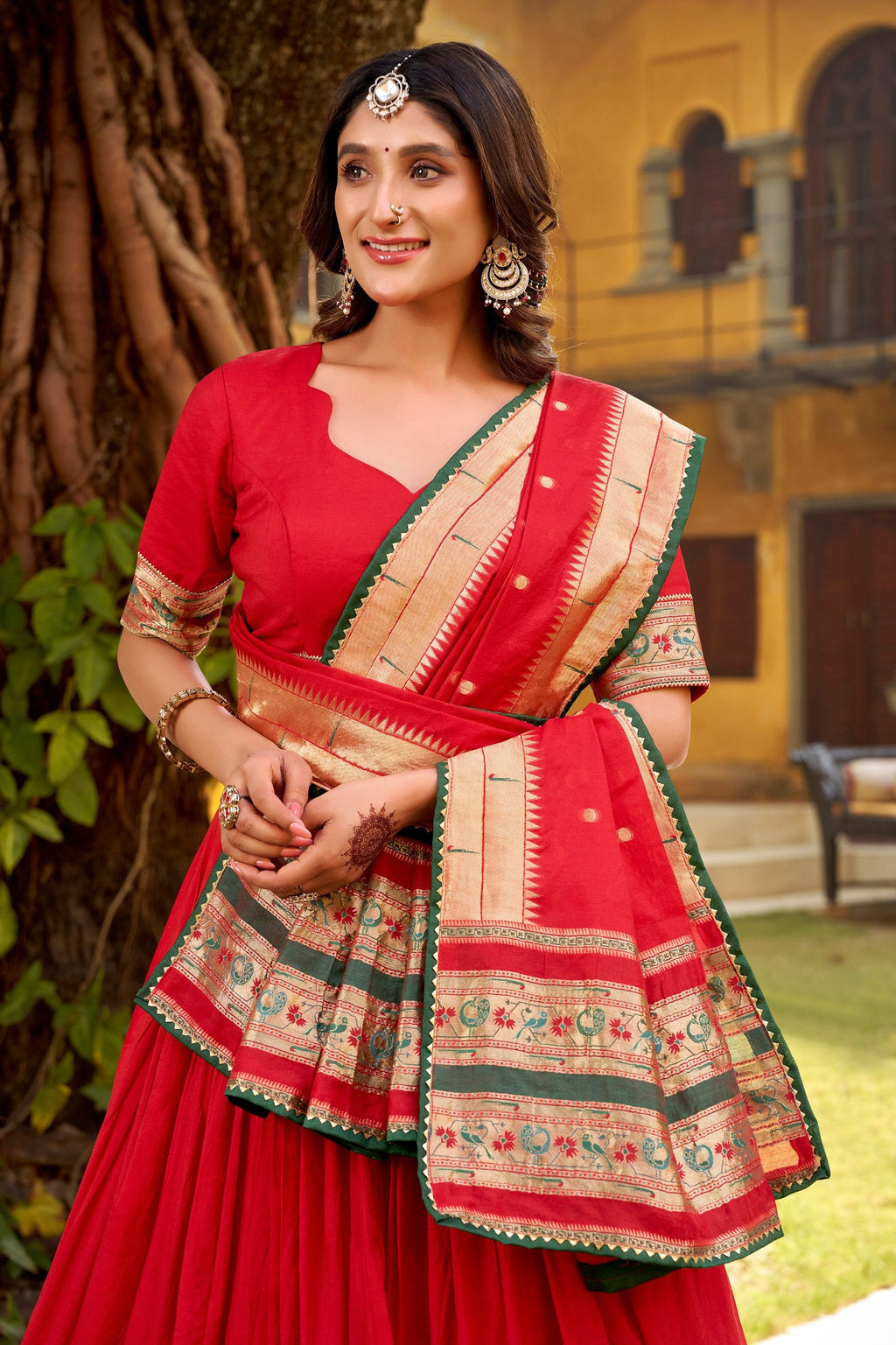 Red Pure Chanderi Zari Weaving Lehenga Choli Set with Gotta Patti Detailing & Matching Dupatta – 4-Meter Flair Fully Stitched Ethnic Wear ClothsVilla