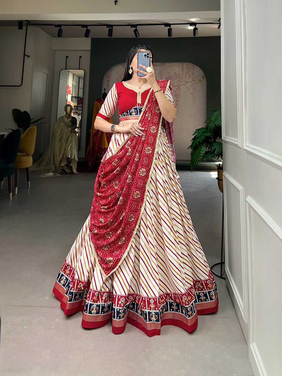 Red Pure Cotton Lehenga Choli Set with Laheriya Print ClothsVilla