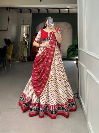 Red Pure Cotton Lehenga Choli Set with Laheriya Print ClothsVilla
