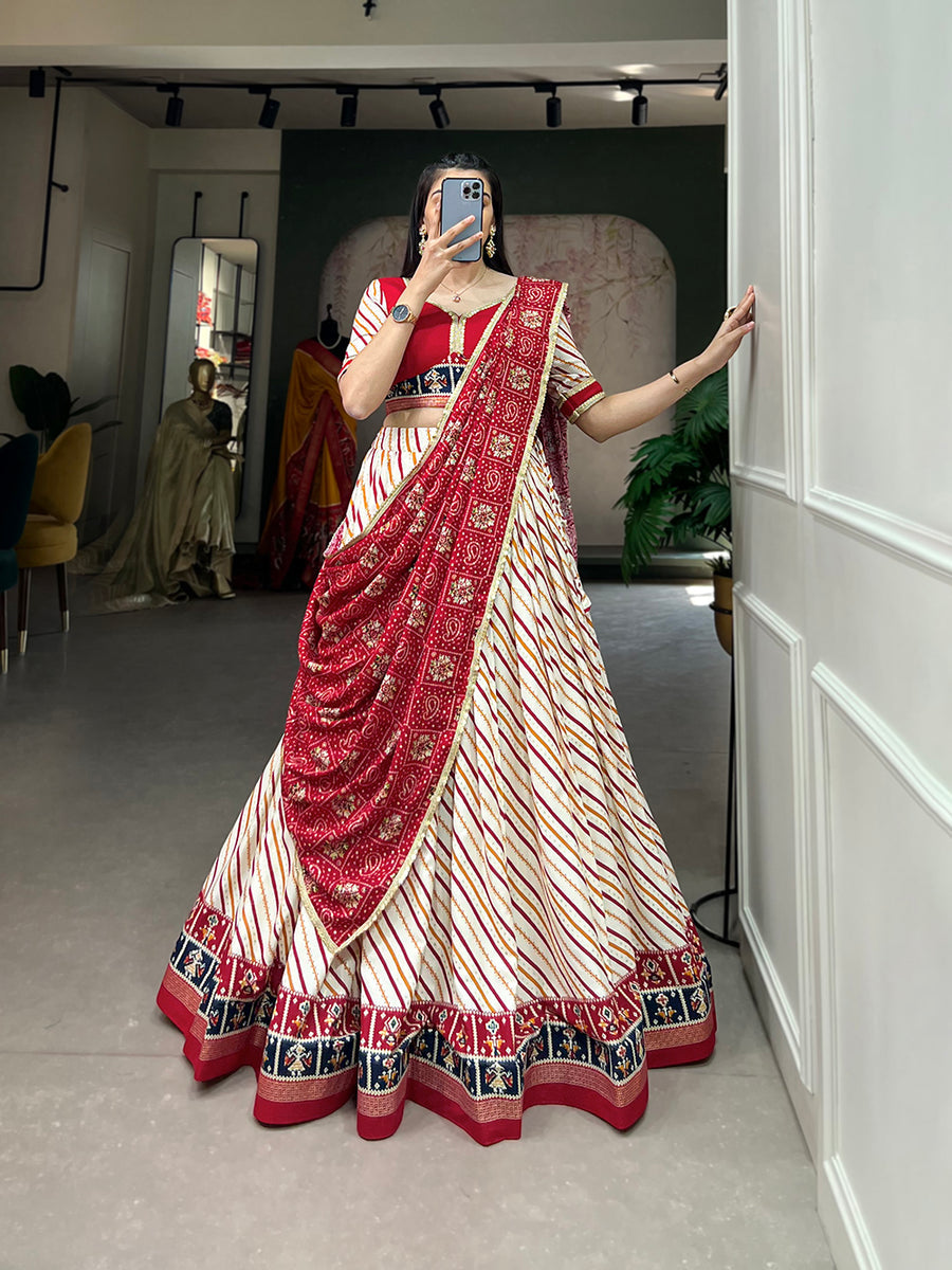 Red Pure Cotton Lehenga Choli Set with Laheriya Print ClothsVilla