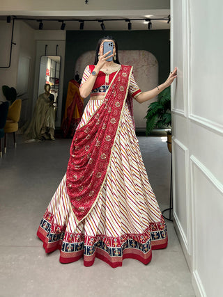 Red Pure Cotton Lehenga Choli Set with Laheriya Print ClothsVilla