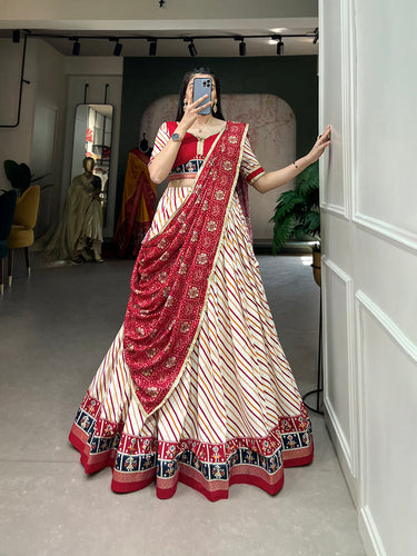 Red Pure Cotton Lehenga Choli Set with Laheriya Print ClothsVilla