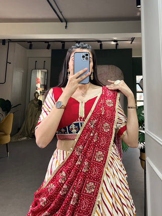Red Pure Cotton Lehenga Choli Set with Laheriya Print ClothsVilla
