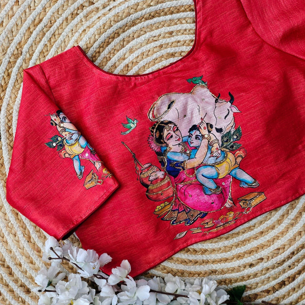 Red Pure Silk Blouse with Antique Handcrafted Work ClothsVilla