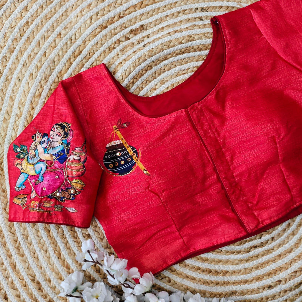 Red Pure Silk Blouse with Antique Handcrafted Work ClothsVilla