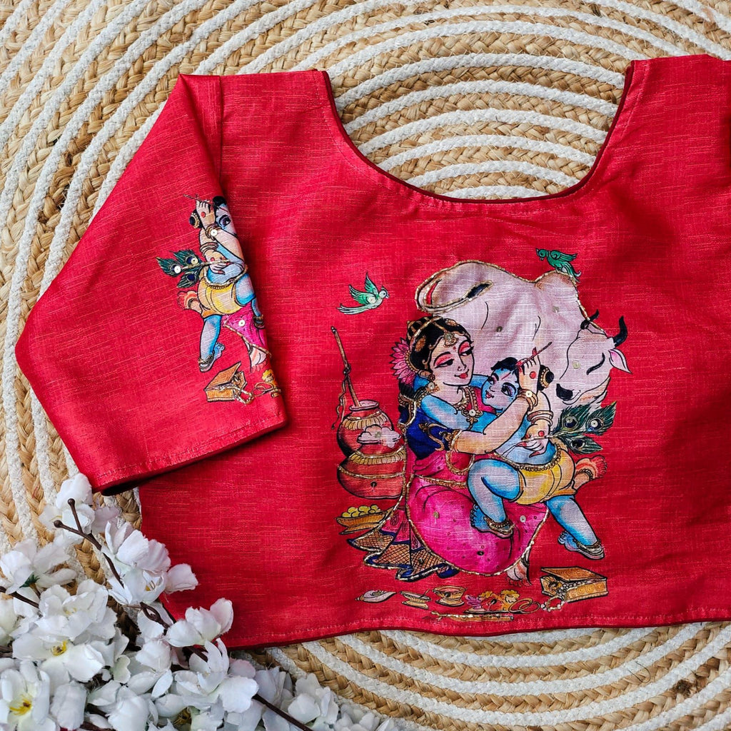 Red Pure Silk Blouse with Antique Handcrafted Work ClothsVilla