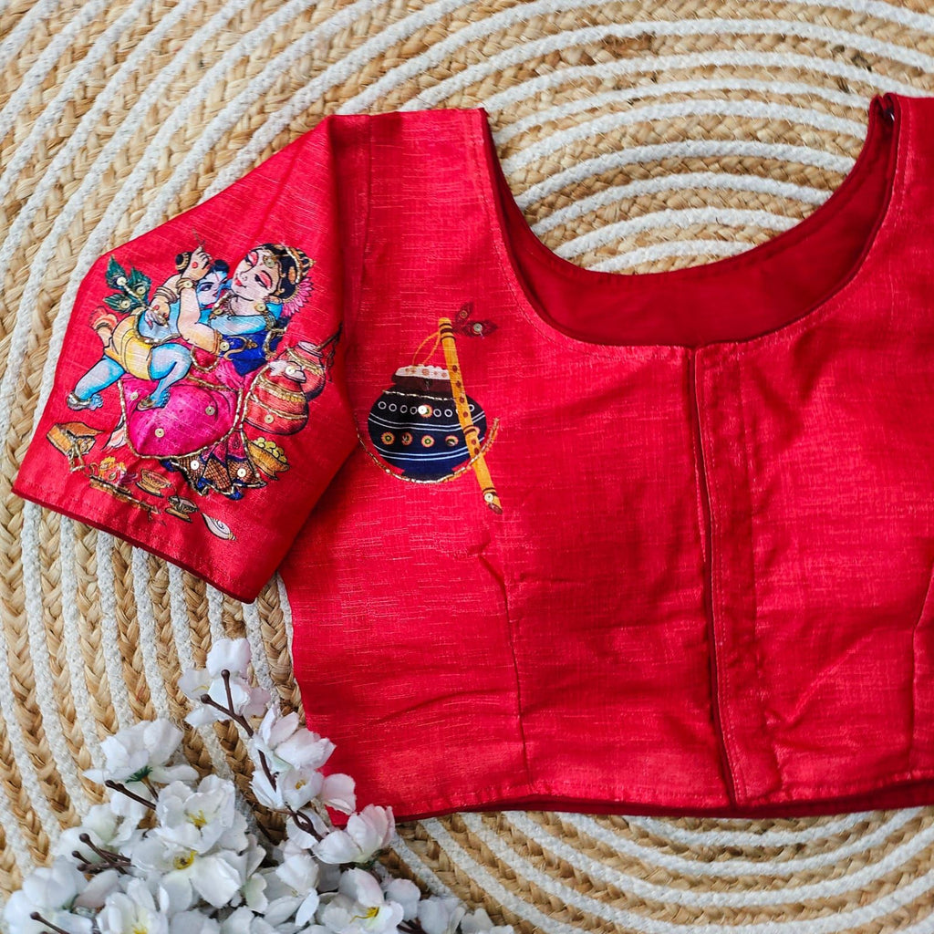 Red Pure Silk Blouse with Antique Handcrafted Work ClothsVilla