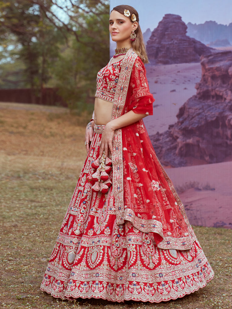 Red Pure silk Moti, Sequins embroidery Semi-Stitched Bridel Lehenga choli & Dupatta ClothsVilla