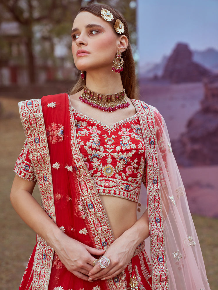 Red Pure silk Moti, Sequins embroidery Semi-Stitched Bridel Lehenga choli & Dupatta ClothsVilla