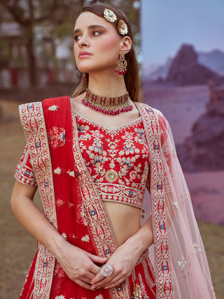 Red Pure silk Moti, Sequins embroidery Semi-Stitched Bridel Lehenga choli & Dupatta ClothsVilla