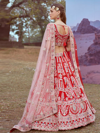 Red Pure silk Moti, Sequins embroidery Semi-Stitched Bridel Lehenga choli & Dupatta ClothsVilla