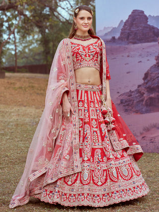 Red Pure silk Moti, Sequins embroidery Semi-Stitched Bridel Lehenga choli & Dupatta ClothsVilla
