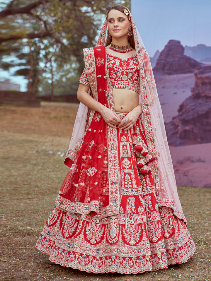 Red Pure silk Moti, Sequins embroidery Semi-Stitched Bridel Lehenga choli & Dupatta ClothsVilla