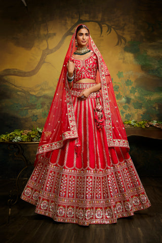 Red Pure Silk Moti & Zarkan heavy embroidery Semi-Stitched Lehenga choli & Dupatta Clothsvilla