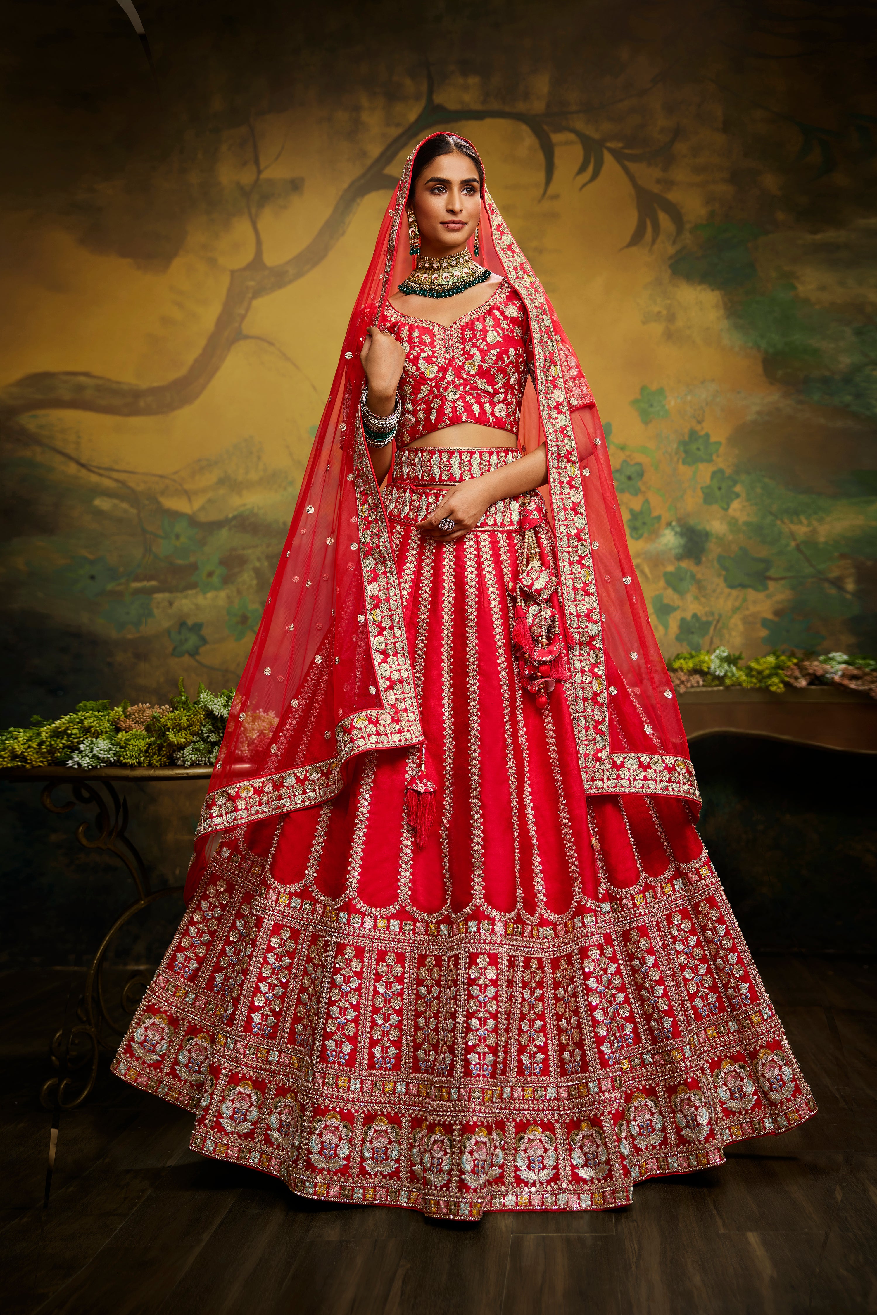 Red Pure Silk Moti & Zarkan heavy embroidery Semi-Stitched Lehenga choli & Dupatta Clothsvilla