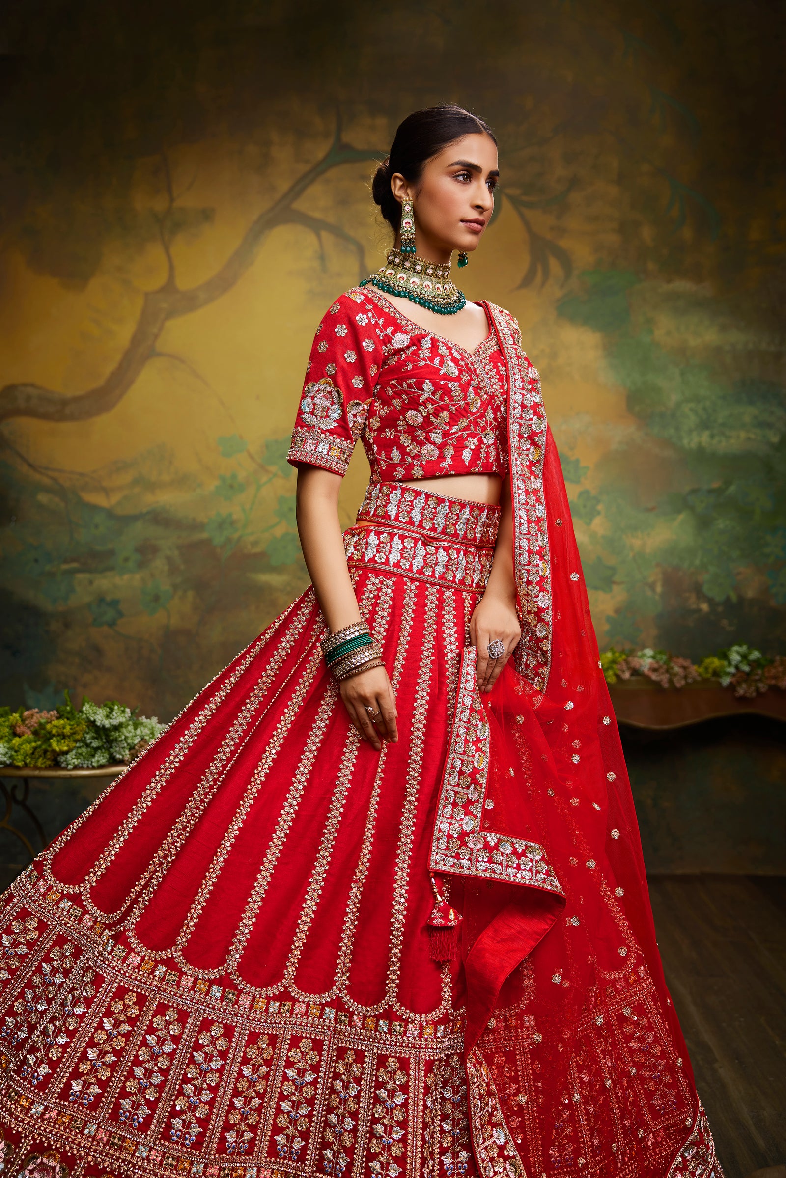 Red Pure Silk Moti & Zarkan heavy embroidery Semi-Stitched Lehenga choli & Dupatta Clothsvilla