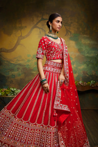 Red Pure Silk Moti & Zarkan heavy embroidery Semi-Stitched Lehenga choli & Dupatta Clothsvilla