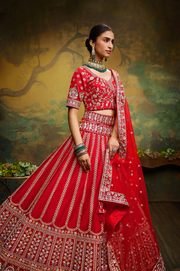 Red Pure Silk Moti & Zarkan heavy embroidery Semi-Stitched Lehenga choli & Dupatta Clothsvilla