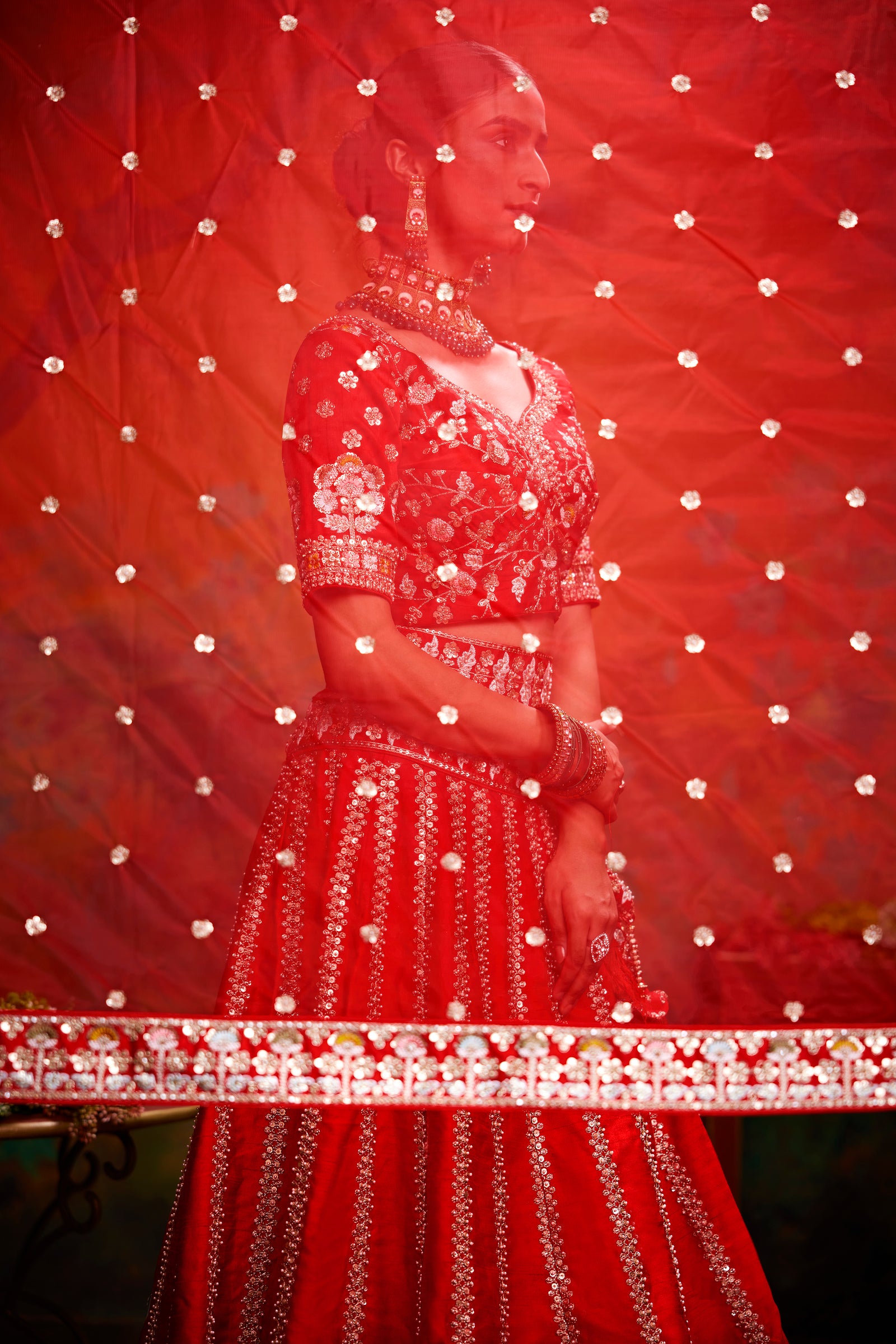 Red Pure Silk Moti & Zarkan heavy embroidery Semi-Stitched Lehenga choli & Dupatta Clothsvilla