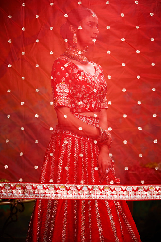 Red Pure Silk Moti & Zarkan heavy embroidery Semi-Stitched Lehenga choli & Dupatta Clothsvilla