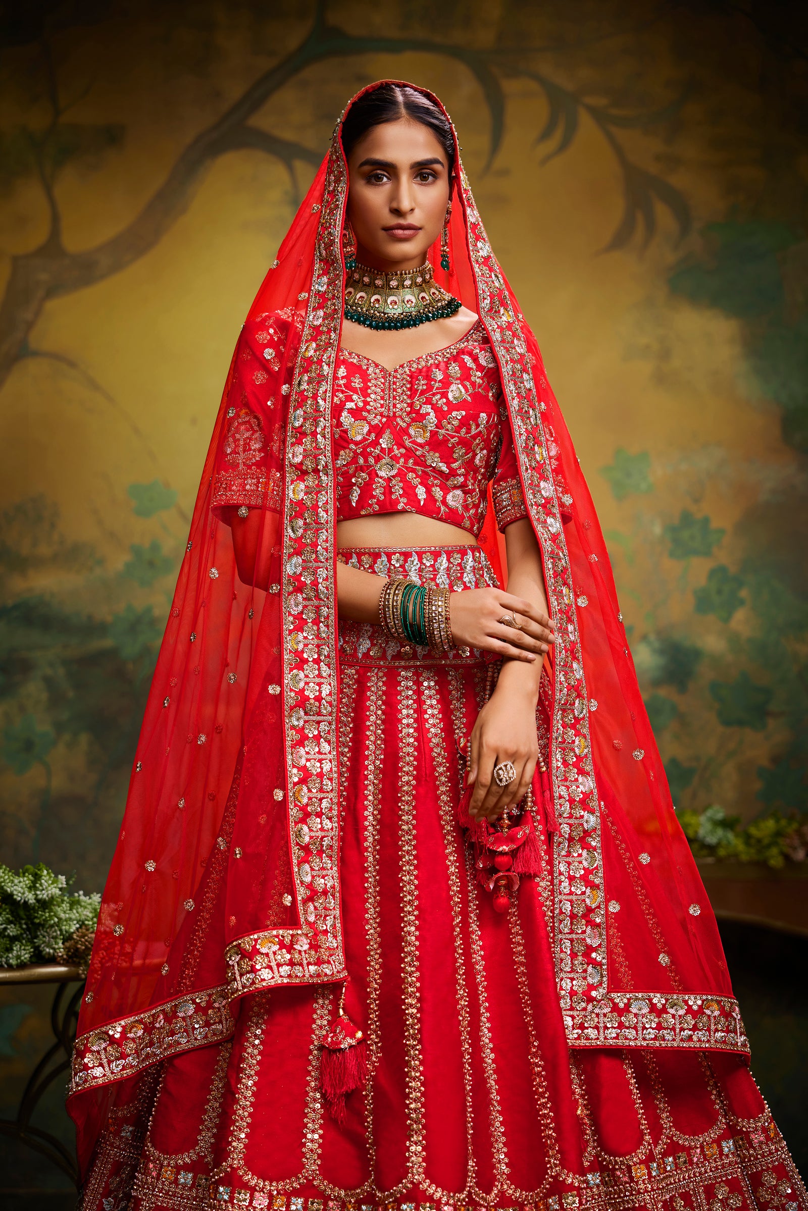 Red Pure Silk Moti & Zarkan heavy embroidery Semi-Stitched Lehenga choli & Dupatta Clothsvilla